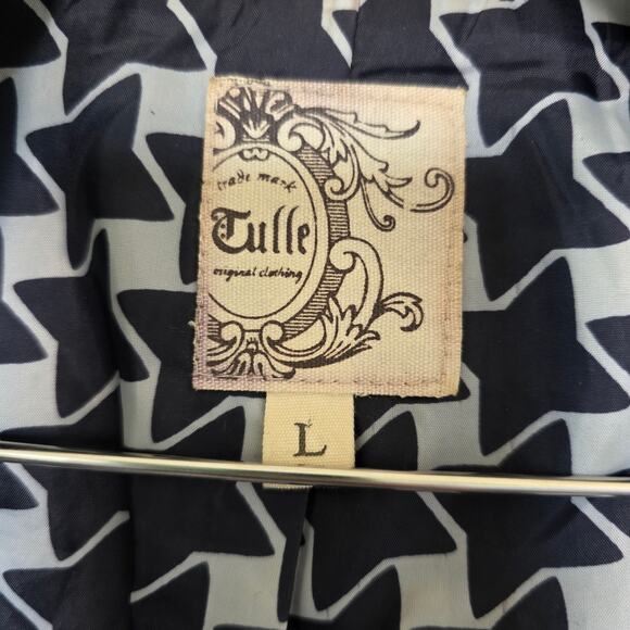 Tulle Black Wool Blend Peacoat Womens Size L Double Breasted Star Print Lining - Picture 9 of 15